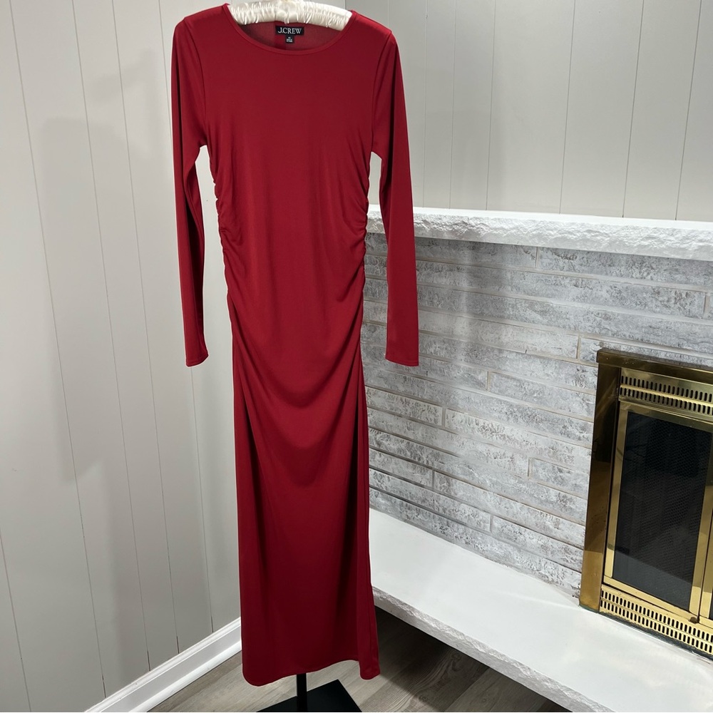 J. Crew Long Sleeve Ruched Jersey Crepe Cranberry Red Maxi Dress XS